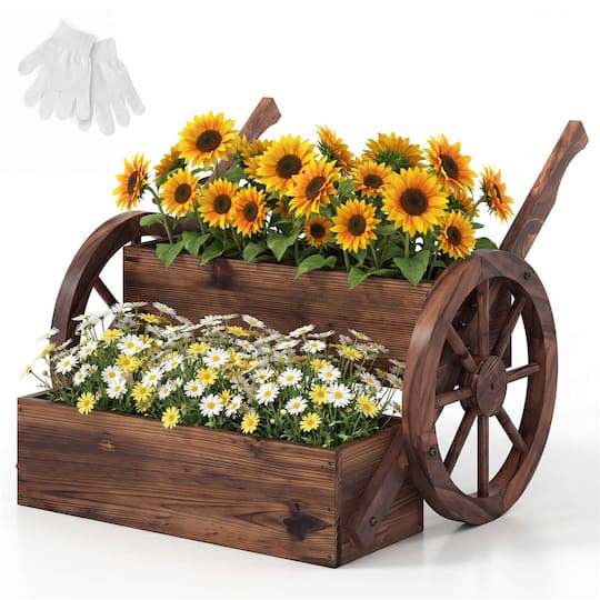 Costway 2-Tier Rustic Wood Wagon Planter with Wheels Handles & Drainage